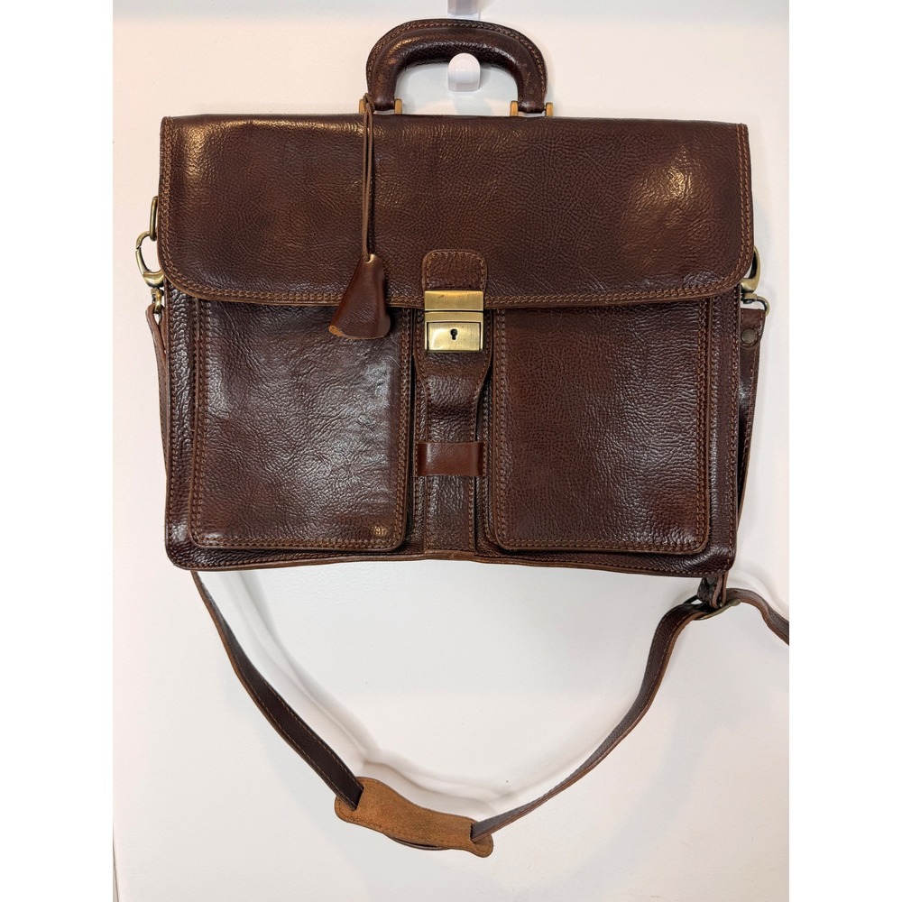 Vintage Dark Brown Pebble Leather Briefcase Messenger Bag w/Shoulder Strap ITALY